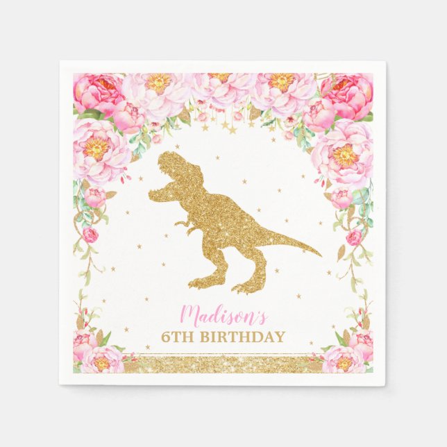 Floral Dinosaur Birthday Party Gold Glitter T-Rex Napkin (Front)