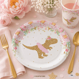 Floral Dinosaur Birthday Party Pink Tutu T-Rex Paper Plate