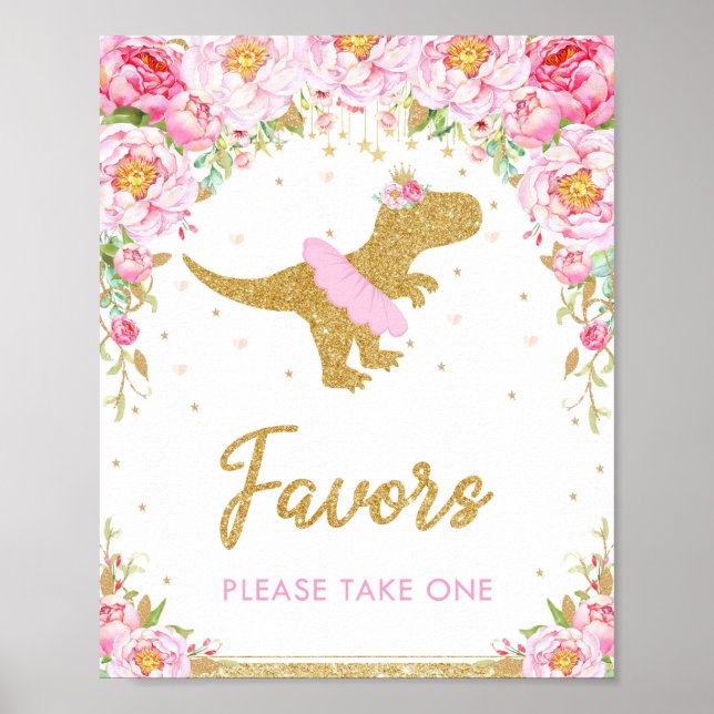 Floral Dinosaur Birthday Party T-Rex Favours Sign (Front)