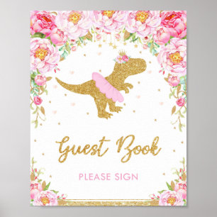 Floral Dinosaur Birthday Party T-Rex Guest Book