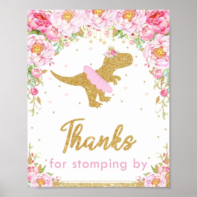 Floral Dinosaur Birthday Party T-Rex Thank You Poster (Front)