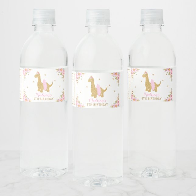 Floral Dinosaur Birthday Pink Tutu Brachiosaurus Water Bottle Label (Bottles)