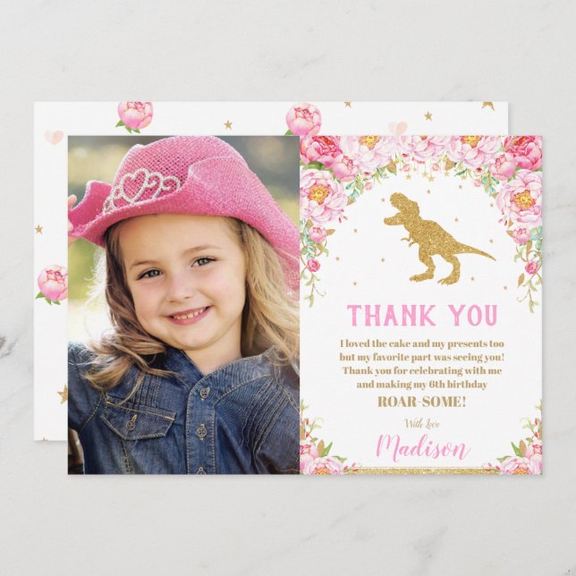 Floral Dinosaur Birthday T-Rex Thank You Card (Front/Back)