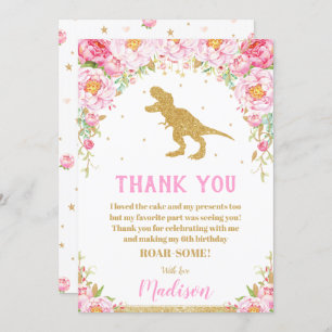 Floral Dinosaur Birthday Thank You Card Girl T-Rex