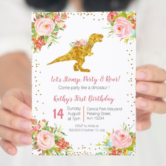 Floral Dinosaur First Birthday Invitation (Creator Uploaded)