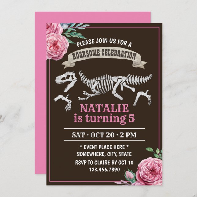 Floral Dinosaur Girl Birthday Party Invitation (Front/Back)