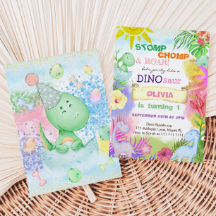Floral Dinosaur Tropical Girl 1ST Birthday  Invitation