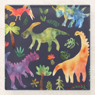 Floral Dinosaurs: Watercolor Fabric Design Glass Coaster