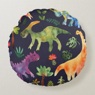 Floral Dinosaurs: Watercolor Fabric Design Round Cushion