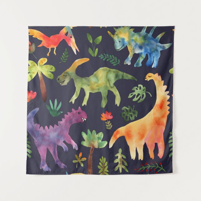 Floral Dinosaurs: Watercolor Fabric Design Tapestry (Front)