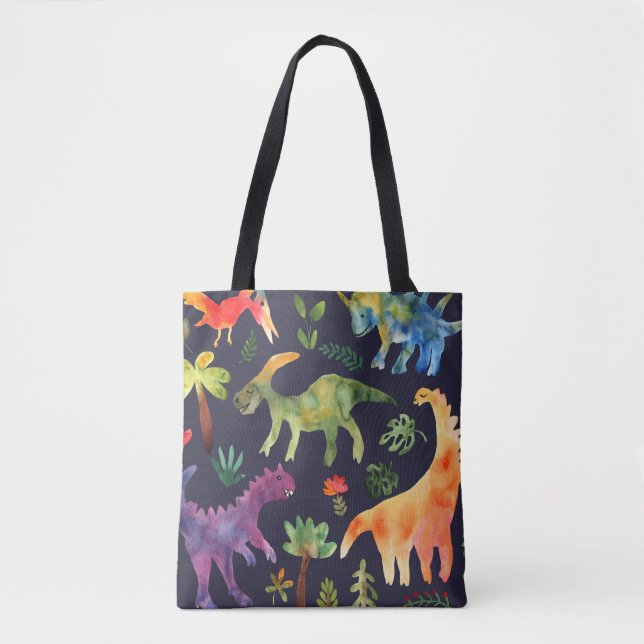 Floral Dinosaurs: Watercolor Fabric Design Tote Bag (Front)