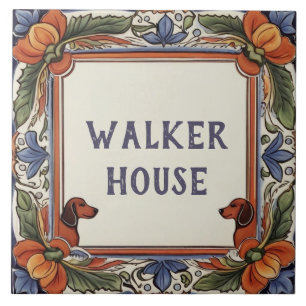 Floral Dog Custom House Name Plate Sign Plaque Ceramic Tile