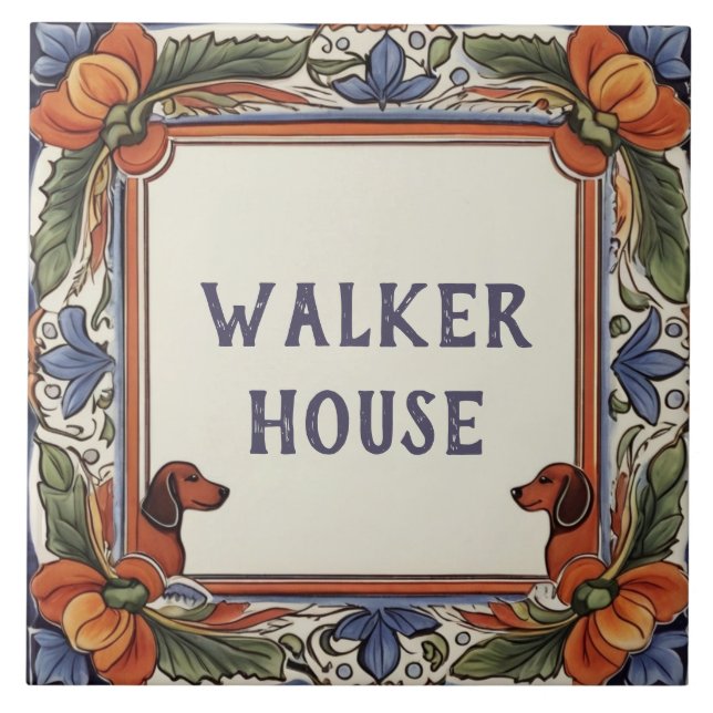 Floral Dog Custom House Name Plate Sign Plaque Ceramic Tile (Front)