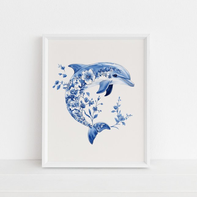 Floral Dolphin – Coastal Blue on Beige Wall Art (Floral Dolphin – Coastal Blue on Beige Wall Art in a white frame on the floor.)