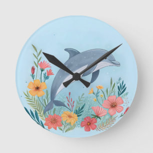 Floral Dolphin Round Clock