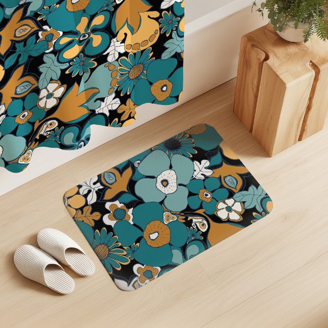 Floral Doodles Aqua Teal Mustard Black White Bath Mat (Creator Uploaded)
