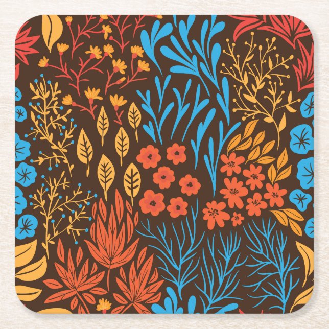 Floral doodles dark square paper coaster (Front)