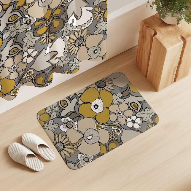 Floral Doodles Mustard Beige Taupe Grey Black Bath Mat (Creator Uploaded)