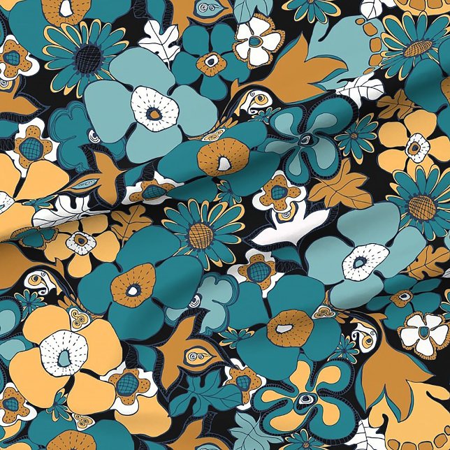 Floral Doodles mustard yellow teal blue aqua  Fabric (Creator Uploaded)