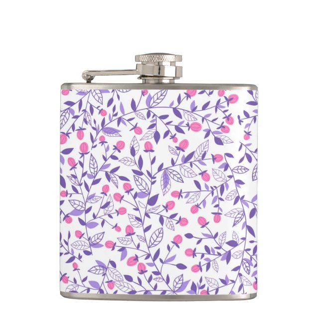 Floral doodles pink and violet hip flask (Front)