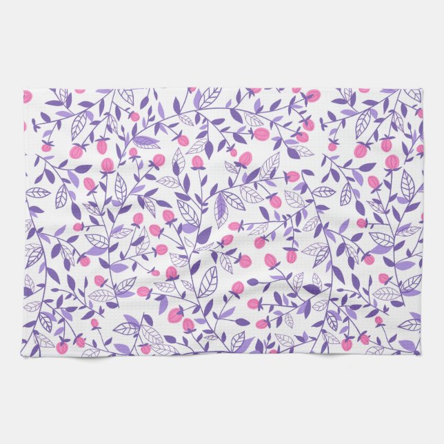Floral doodles pink and violet tea towel (Horizontal)