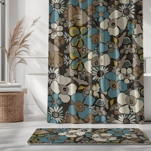 Floral Doodles Turkish Blue Umber Brown Mustard  Shower Curtain