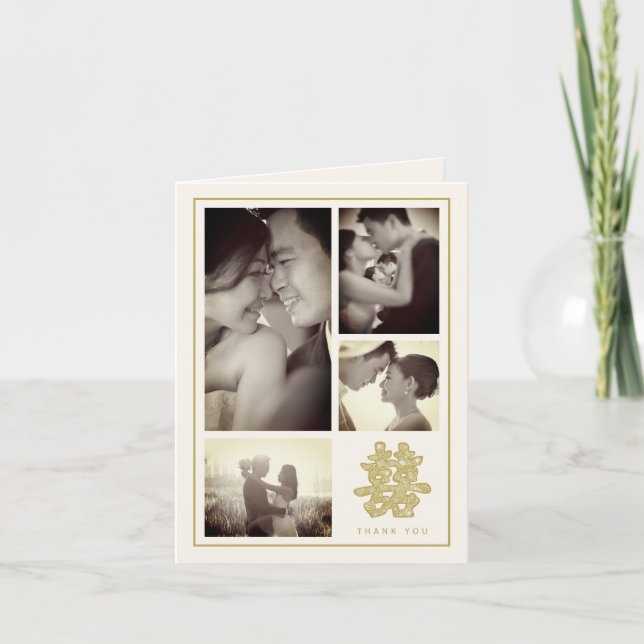 Floral Double Happiness Chinese Wedding 4 Photo Thank You Card (Front)