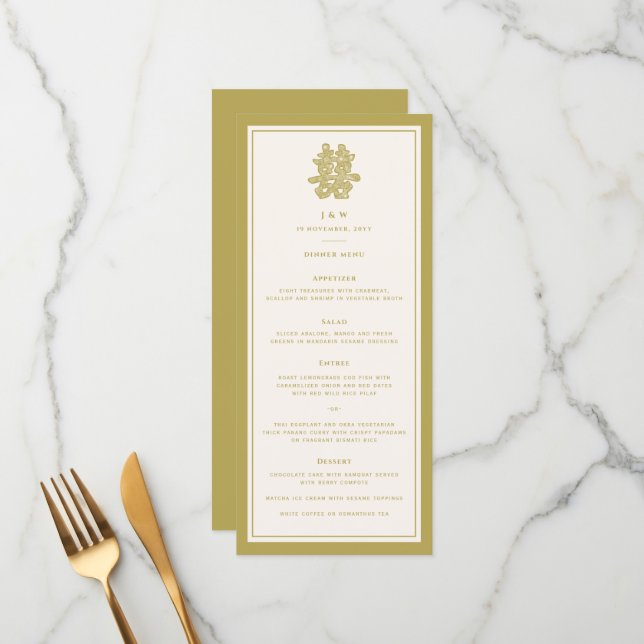 Floral Double Happiness Chinese Wedding Menu Card (Front/Back In Situ)