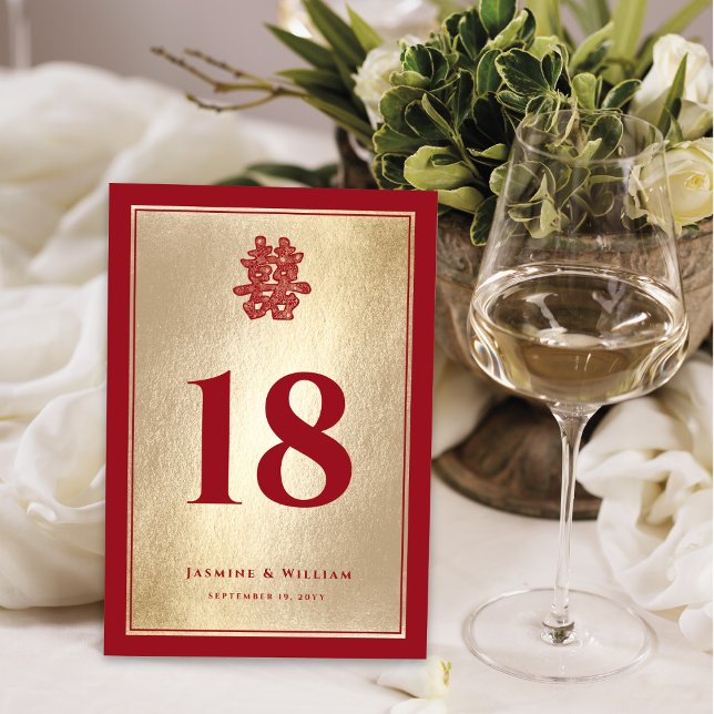 Floral Double Happiness Gold Foil Chinese Wedding Table Number (Creator Uploaded)