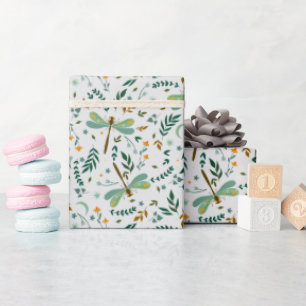 Floral Dragonfly Ferns Leaves Pattern Gift Wrapping Paper