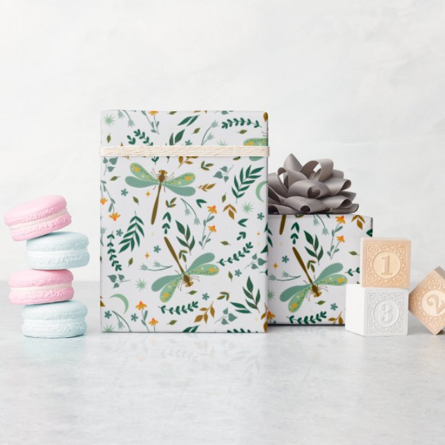 Floral Dragonfly Ferns Leaves Pattern Gift Wrapping Paper (Baby Shower)