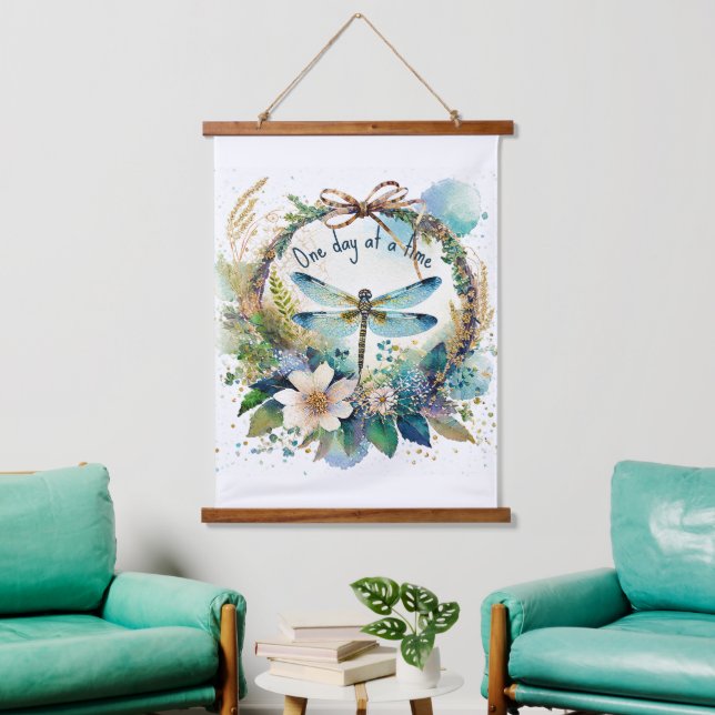 Floral dragonfly One day at a time Hanging Tapestry (Living Room)