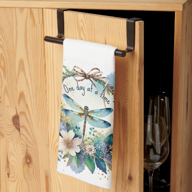 Floral dragonfly One day at a time Tea Towel (Thirds Fold)