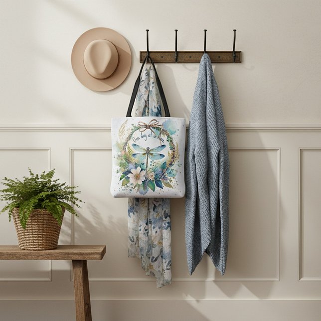 Floral dragonfly One day at a time Tote Bag (Creator Uploaded)