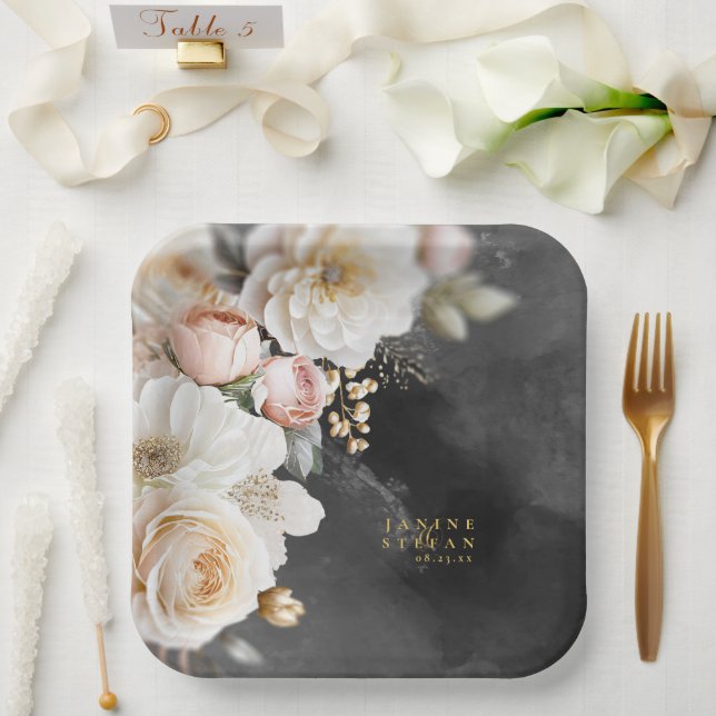 Floral Drama Wedding Charcoal ID1022 Paper Plate (Wedding)