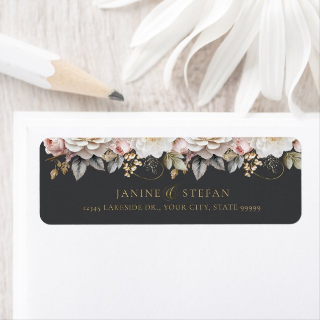 Floral Drama Wedding Charcoal ID1022 Return Address Label (Insitu)