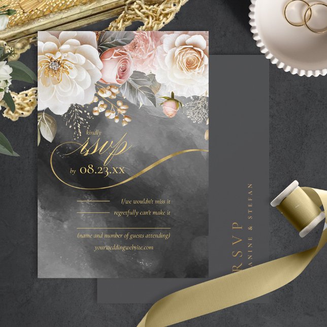 Floral Drama Wedding Charcoal ID1022 RSVP Card (Creator Uploaded)