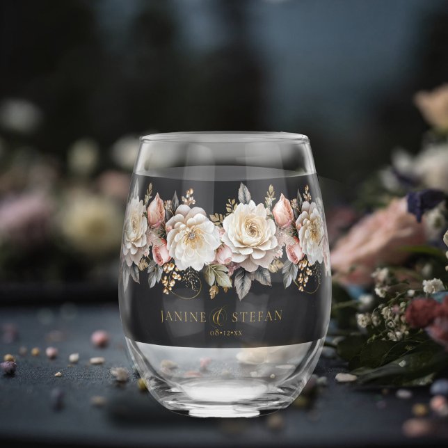 Floral Drama Wedding Charcoal ID1022 Stemless Wine Glass (Creator Uploaded)