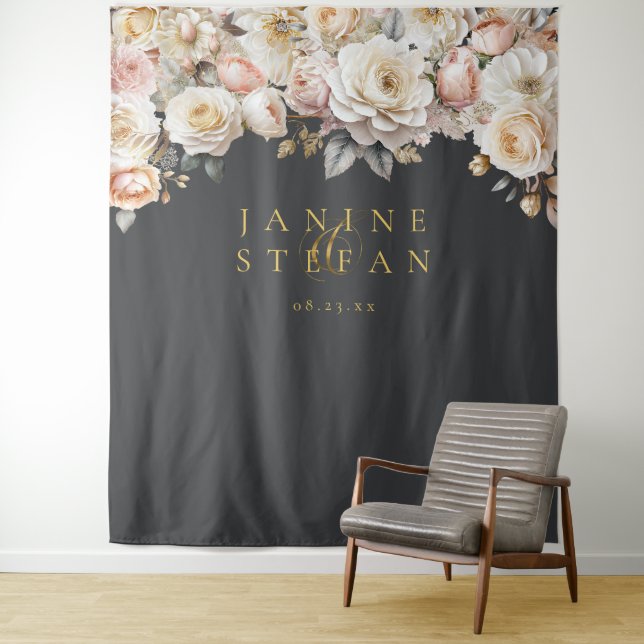 Floral Drama Wedding Charcoal ID1022 Tapestry (In Situ)