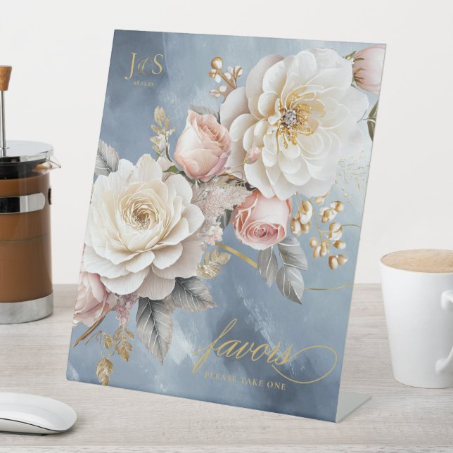 Floral Drama Wedding Favours Blue ID1022 Pedestal Sign (In SItu)