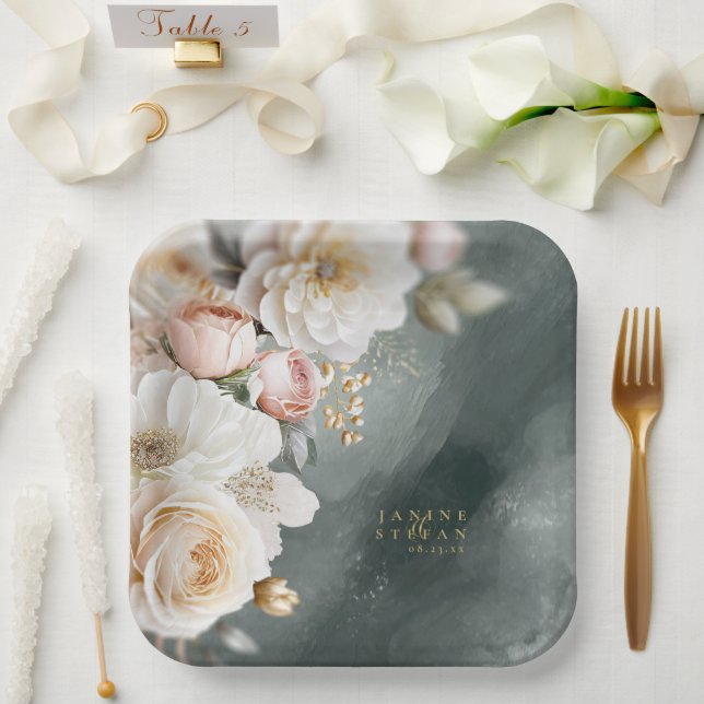 Floral Drama Wedding Green ID1022 Paper Plate (Wedding)