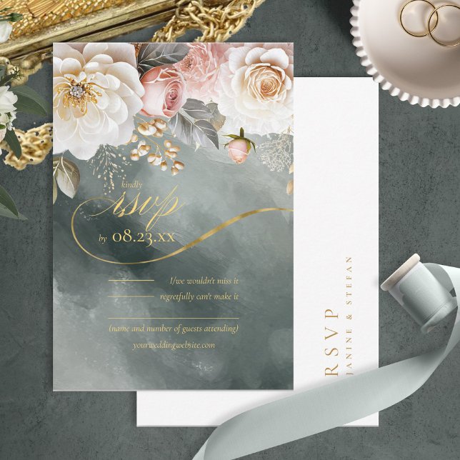 Floral Drama Wedding Green ID1022 RSVP Card (Creator Uploaded)