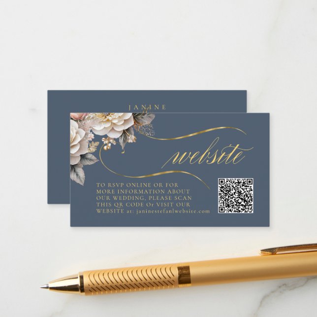 Floral Drama Wedding QR Code Blue ID1022 Enclosure Card (Front/Back In Situ)