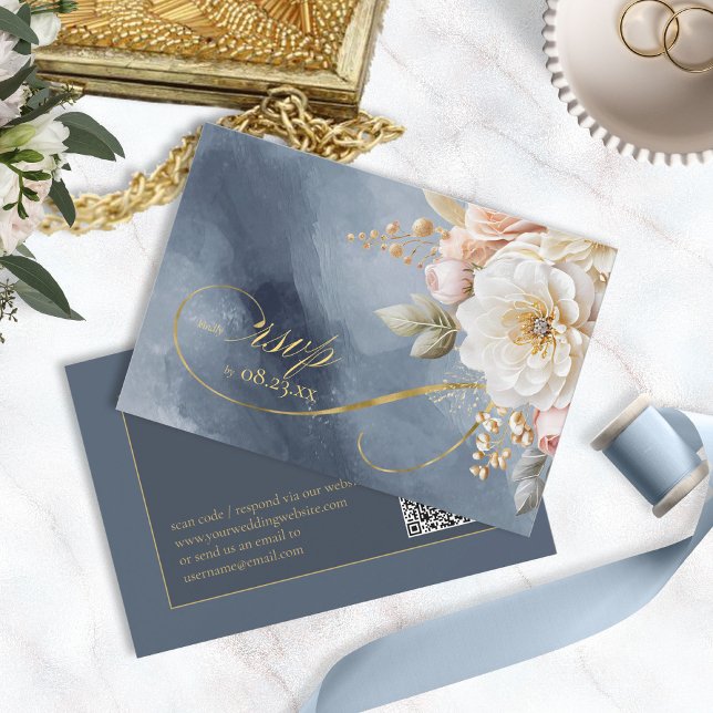 Floral Drama Wedding QR Code Blue ID1022 RSVP Card (Creator Uploaded)