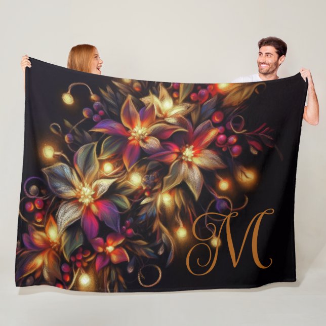 Floral Drawing Christmas Holiday Floral Initial Fleece Blanket (In Situ)