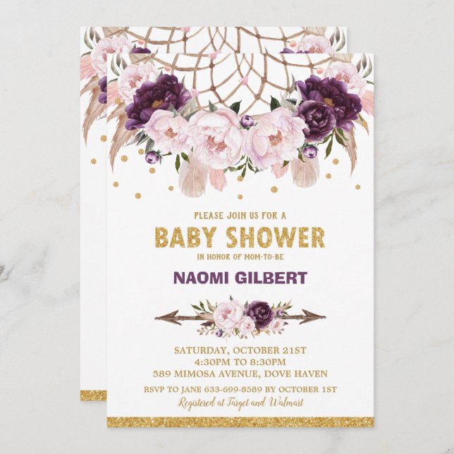 Floral Dream Catcher Baby Shower Girl Purple Blush Invitation (Front/Back)