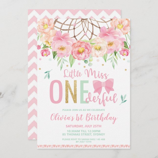 Floral Dream Catcher Miss Onederful 1st Birthday Invitation (Front/Back)