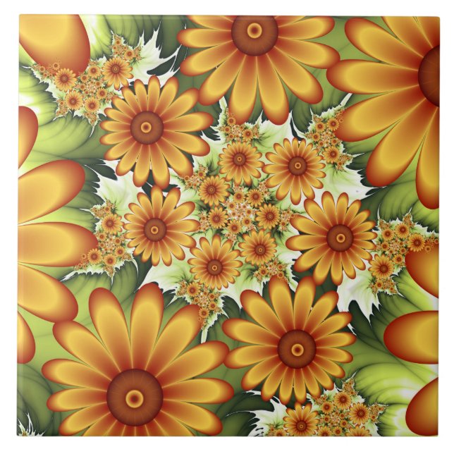 Floral Dream, Modern Abstract Flower Fractal Art Ceramic Tile (Front)