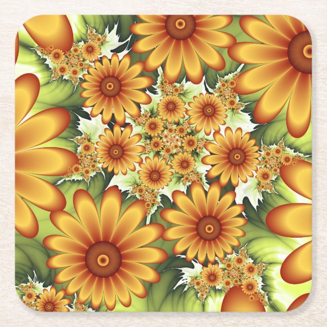 Floral Dream, Modern Abstract Flower Fractal Art Square Paper Coaster (Front)