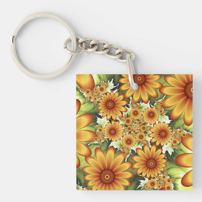 Floral Dream, Modern Abstract Flowers Fractal Art Key Ring (Front)